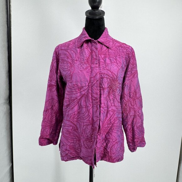 Chicos Purple Embroidered Beaded Silk Button Up Shirt Size M Vintage‎ Y2K Boxy - Picture 3 of 6